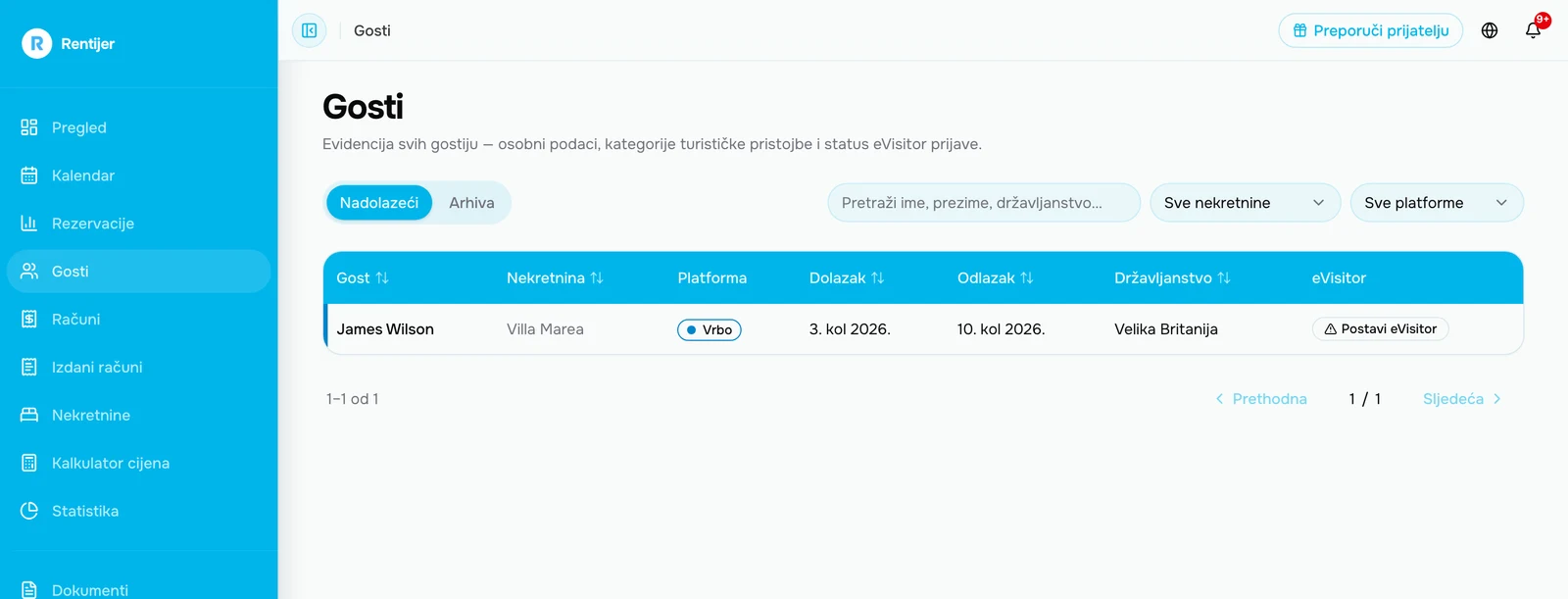 Snimka zaslona: popis gostiju i status eVisitor prijave u Rentijeru Popis gostiju sa statusom eVisitor prijave i gumbom za slanje prijave u Rentijeru