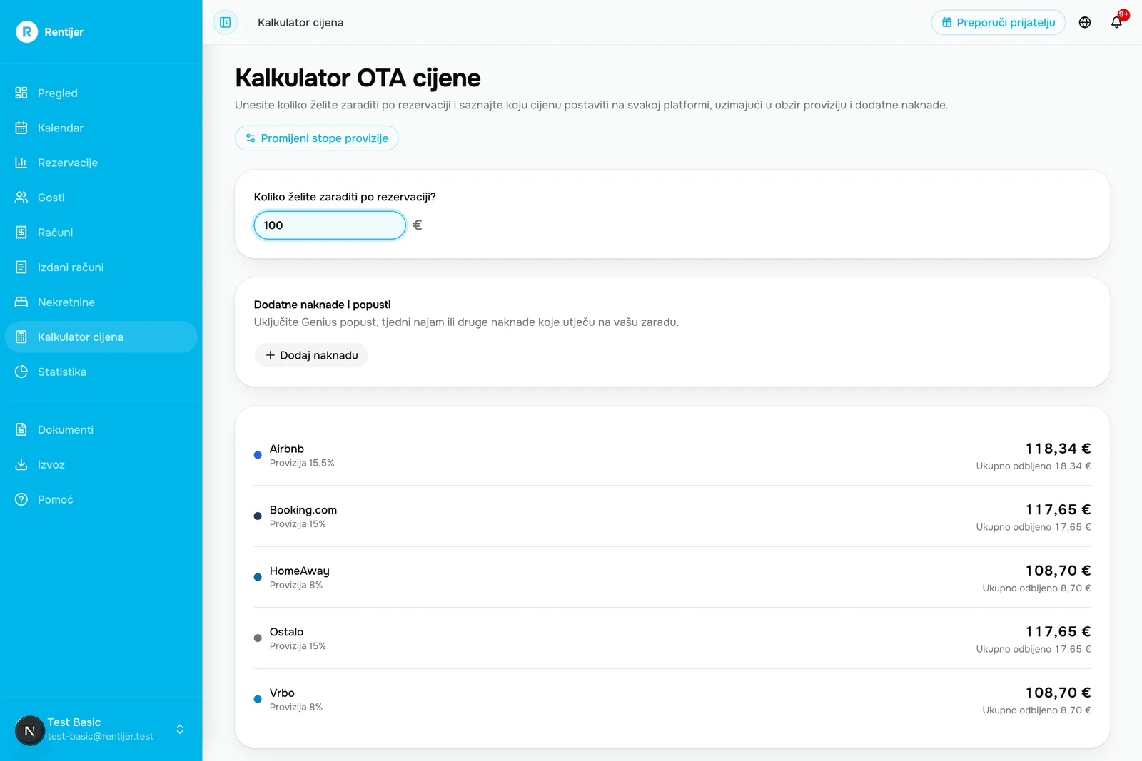 Snimka zaslona: kalkulator cijena za Airbnb, Booking.com i Vrbo Izračunata cijena za Airbnb, Booking.com i Vrbo prema željenoj zaradi po rezervaciji