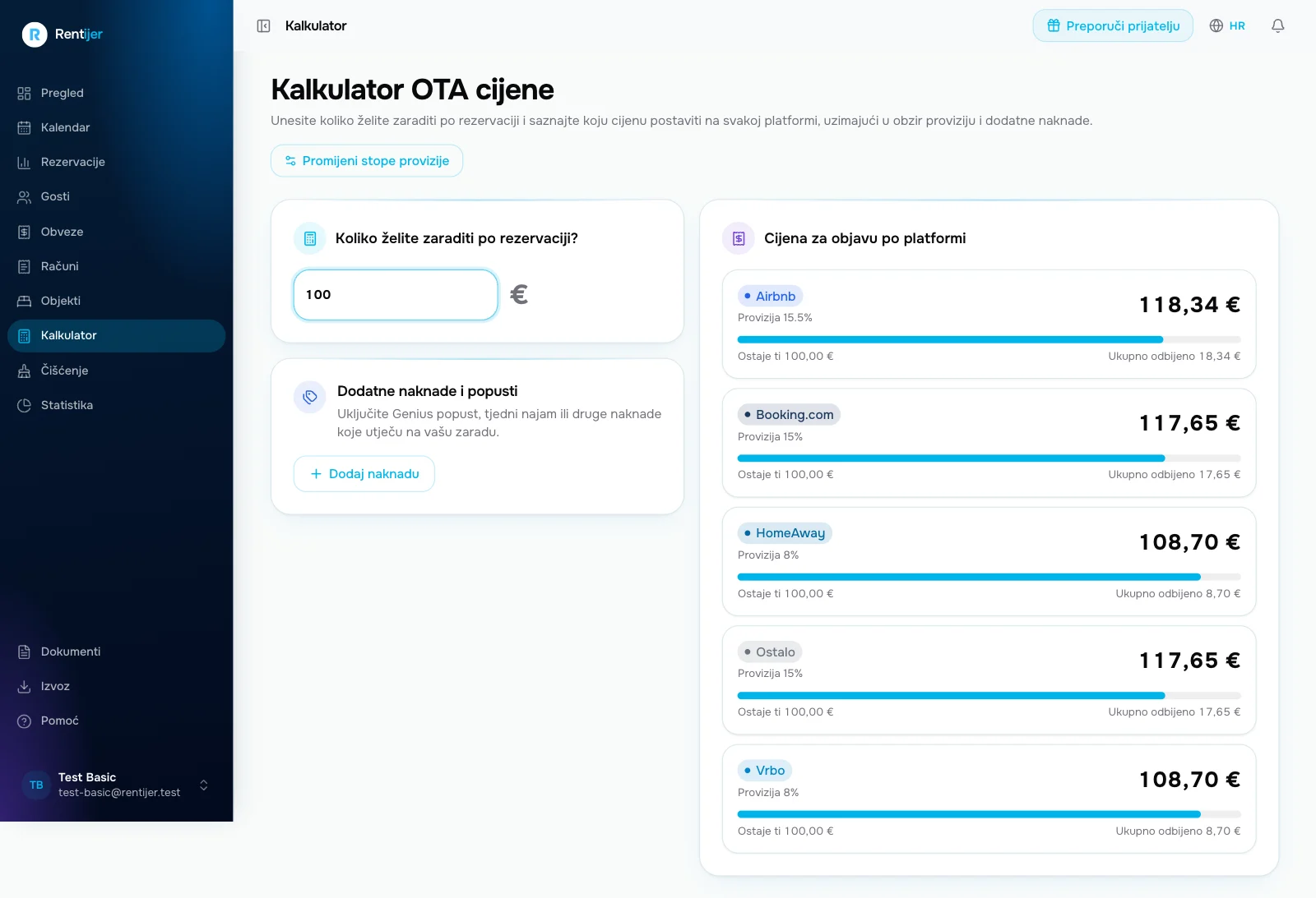 Snimka zaslona: kalkulator cijena za Airbnb, Booking.com i Vrbo Izračunata cijena za Airbnb, Booking.com i Vrbo prema željenoj zaradi po rezervaciji